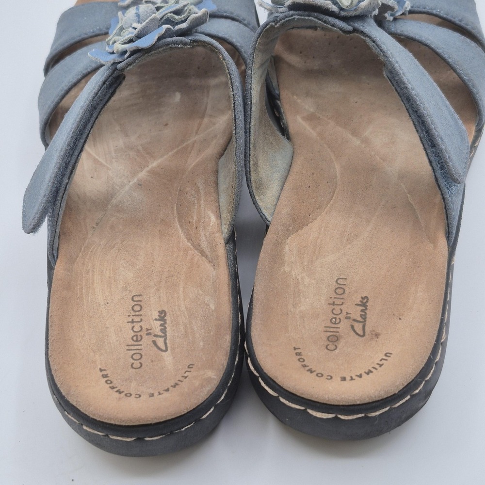 Clarks Collection Sandals Womens Size 7 Blue Suede Slide Flower Wedge Comfort - Picture 10 of 12